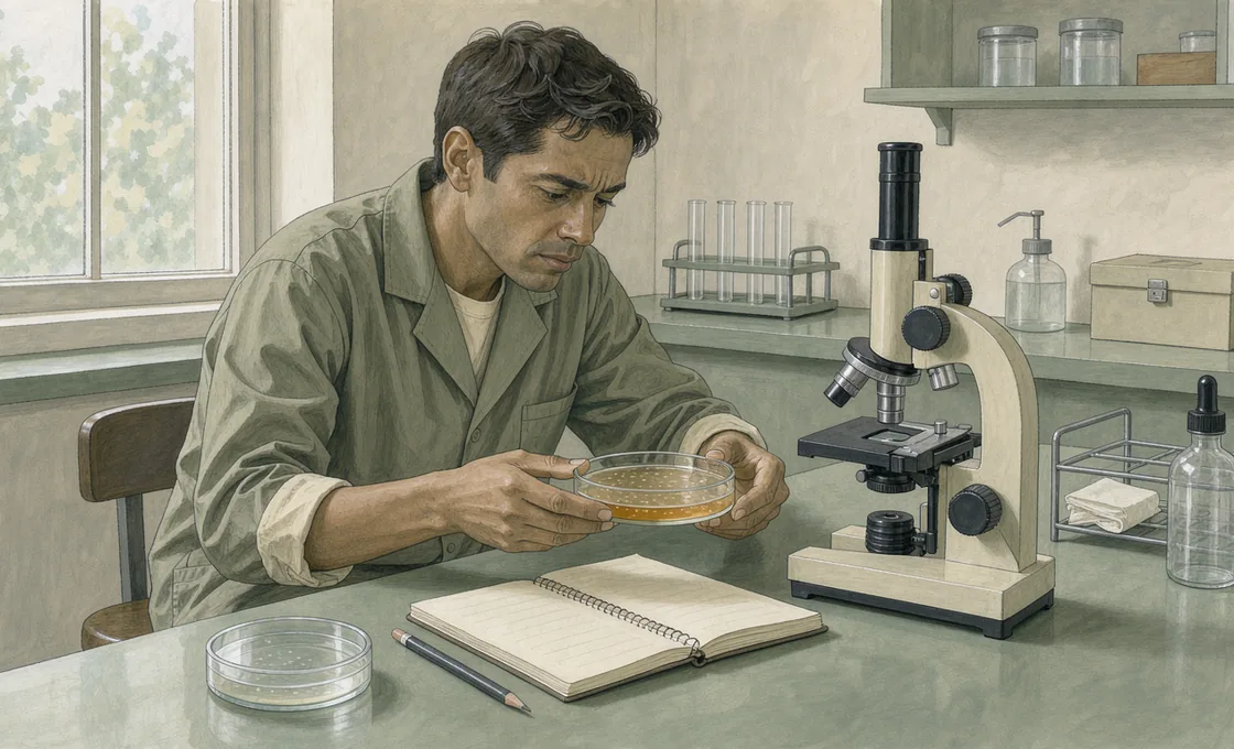 A technician examines a culture dish at a workbench beside a microscope and a blank notebook