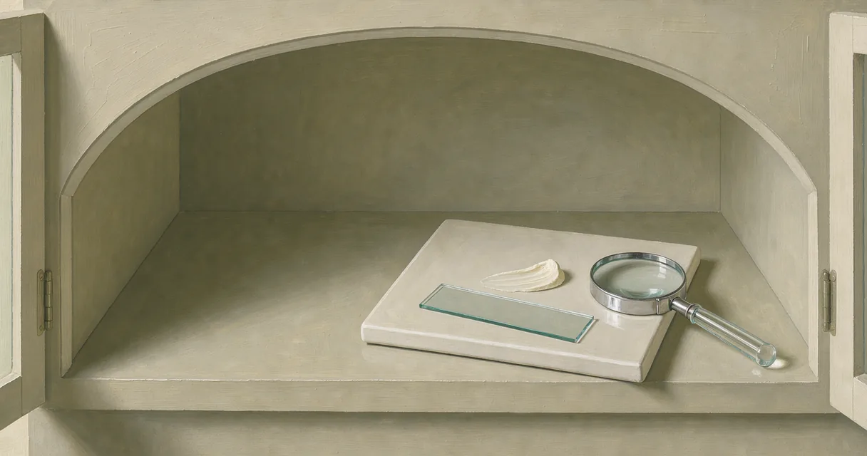 An open arched cabinet with cream on a ceramic tile, a microscope slide and a magnifying lens