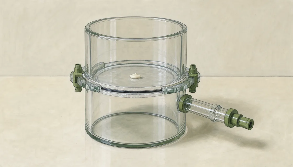A glass diffusion apparatus with a membrane between two chambers and cream on its upper surface